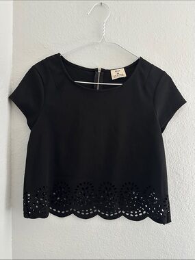 Pins & Needles Black Short Sleeve Crop Top with Laser-Cut Hem